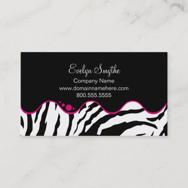 TRENDY B&W ZEBRA PRINT WITH HOT PINK CURVE ACCENT BUSINESS CARD (Front)