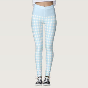 Trendy Baby Blue and White Check Gingham Pattern Leggings