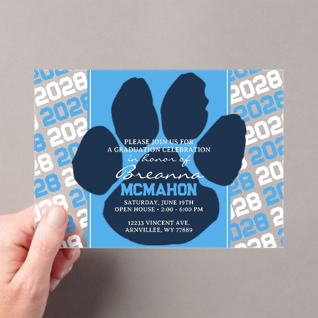 Trendy Baby Blue & Navy Graduation Pawprint Clear Acrylic Invitations (Insitu (Handheld))