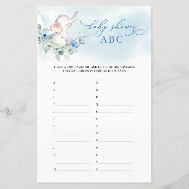 Trendy baby elephant blue floral Baby Shower ABC (Front)