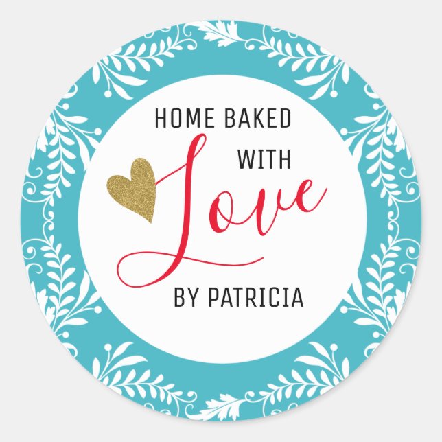 Trendy Baked With love Baby Blue And White Classic Round Sticker (Front)