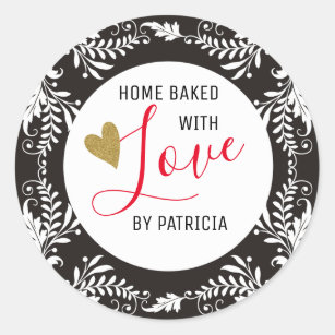 Trendy Baked With love Black And White Classic Round Sticker