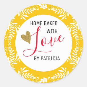Trendy Baked With love Yellow And White Classic Round Sticker