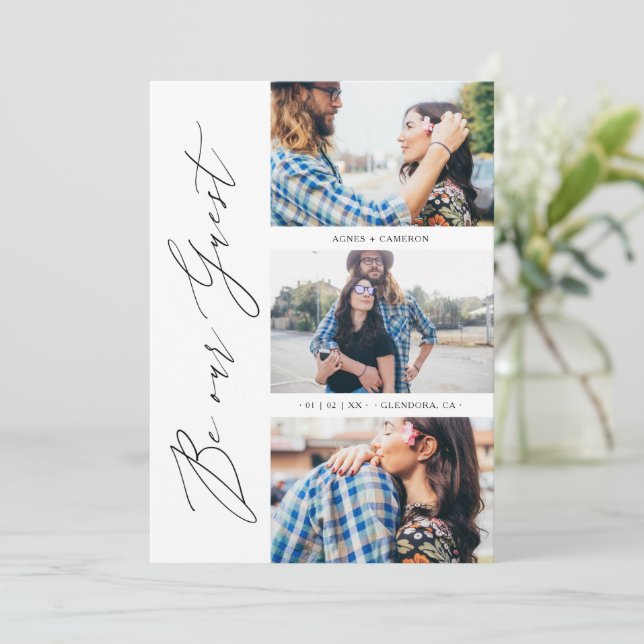Trendy Be our Guest Chic Romantic 3 Photos Wedding Save The Date (Standing Front)