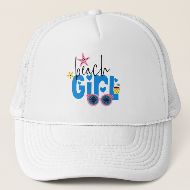 Trendy Beach Girl Artsy Typography Vacation Trucker Hat (Front)