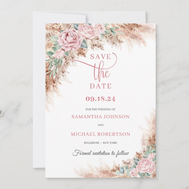 Trendy beach pampas grass and blush roses greenery save the date (Front)