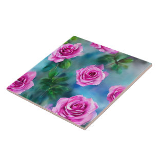 Trendy Beautiful Watercolor Pink Roses Collection Tile