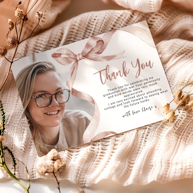 Trendy Beige Bow Photo Graduation Thank You Card (Creator Uploaded)