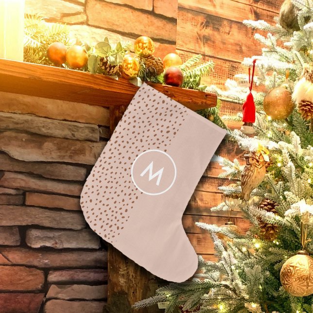 Trendy Beige Monogram with Terracotta Boho Brown  Small Christmas Stocking (Creator Uploaded)