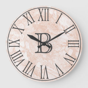 Trendy Beige Paint Pour Swirls & Grey Monogram Large Clock