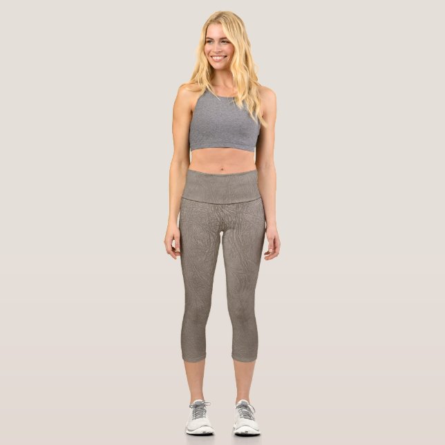 Trendy beige taupe leather like yoga pants (Front)