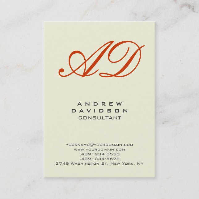 Trendy Beige Vertical Red Monogram Business Card (Front)