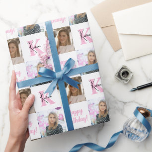 Trendy Birthday Collage Photo Monogram Gift Wrapping Paper