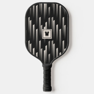 Trendy Black Abstract Geometric Stripe Monogrammed Pickleball Paddle
