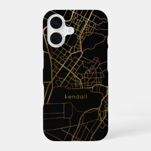Trendy Black and Faux Gold Map Design with Name iPhone 16 Case