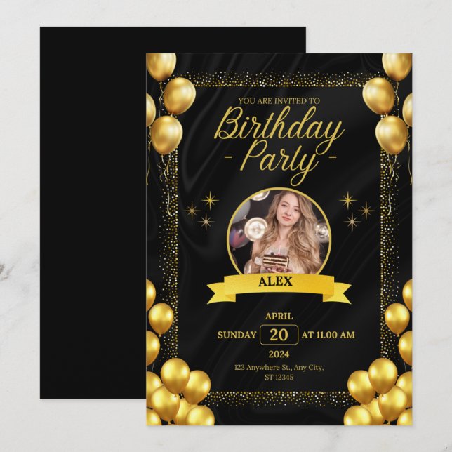 Trendy Black and Gold Birthday Party Styles  Invitation (Front/Back)