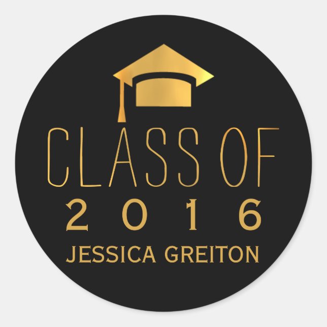 Trendy black and gold Class of 2016 graduation cap Classic Round Sticker (Front)