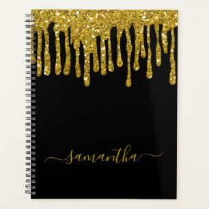 Trendy Black And Gold Glitter Drips Custom Name Planner
