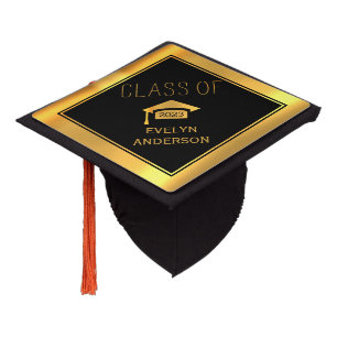 Trendy black and gold graduation Class of 2022 Graduation Cap Topper