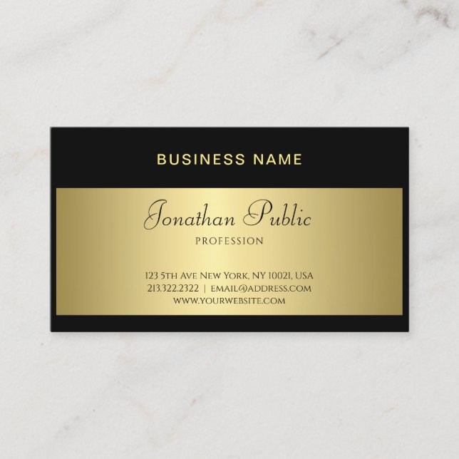 Trendy Black And Gold Handwritten Script Template Business Card (Front)