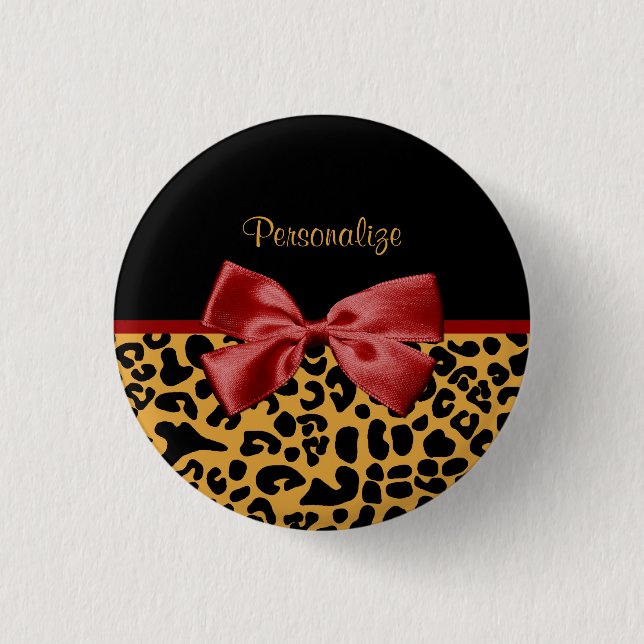 Trendy Black and Gold Leopard Print Red Ribbon Bow 1 Inch Round Button (Front)
