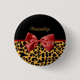 Trendy Black and Gold Leopard Print Red Ribbon Bow 1 Inch Round Button