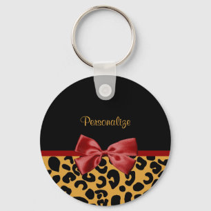 Trendy Black and Gold Leopard Print Red Ribbon Bow Keychain