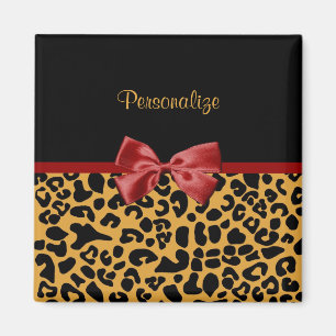 Trendy Black and Gold Leopard Print Red Ribbon Bow Magnet