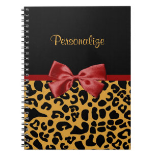 Trendy Black and Gold Leopard Print Red Ribbon Bow Notebook