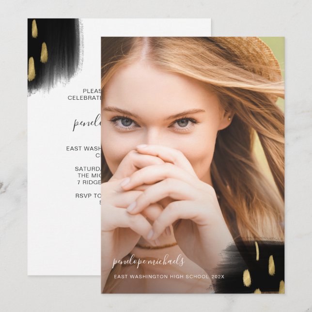 Trendy Black and Gold Splashes Graduation Party Invitation (Front/Back)