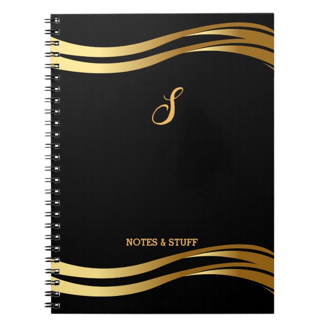 Trendy Black and Gold Style Script Monogrammed Notebook (Front)