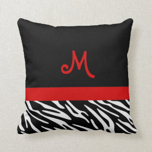 Trendy Black and Red Zebra Stripe Monogram Pillows