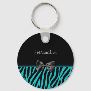 Trendy Black And Teal Zebra Print With Ribbon Keychain