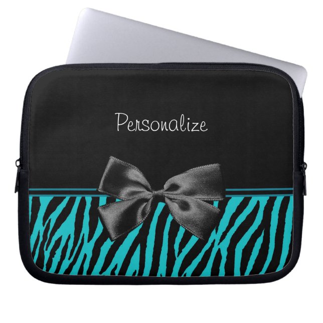 Trendy Black And Teal Zebra Print With Ribbon Laptop Sleeve (Front)