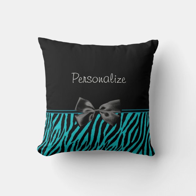 Trendy Black And Teal Zebra Print With Ribbon Throw Pillow (Front)