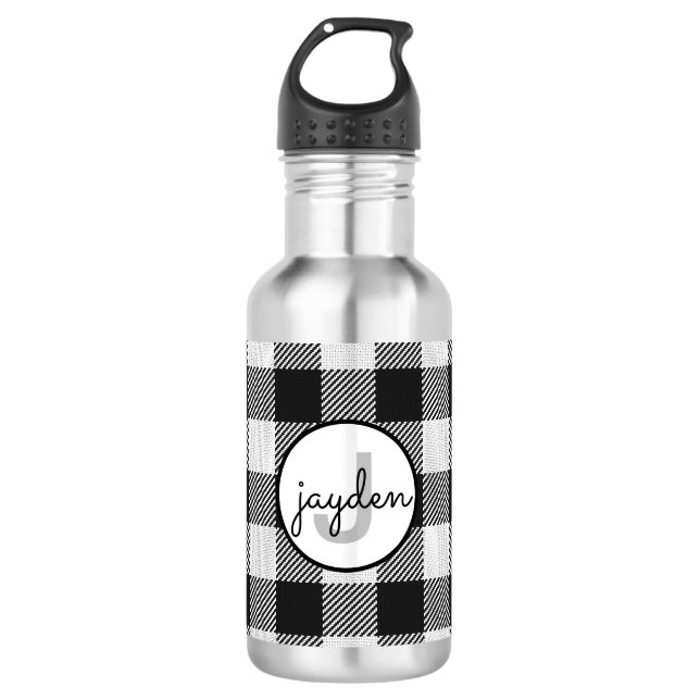Trendy Black and White Buffalo Plaid Monogrammed 532 Ml Water Bottle (Front)