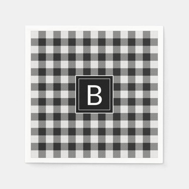 Trendy Black and White Buffalo Plaid Monogrammed Napkin (Front)