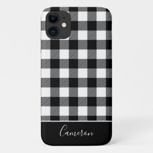 Trendy Black and White Buffalo Plaid Personalized iPhone 11 Case
