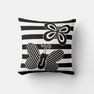 Trendy Black and White Butterfly Stripes With Name Throw Pillow