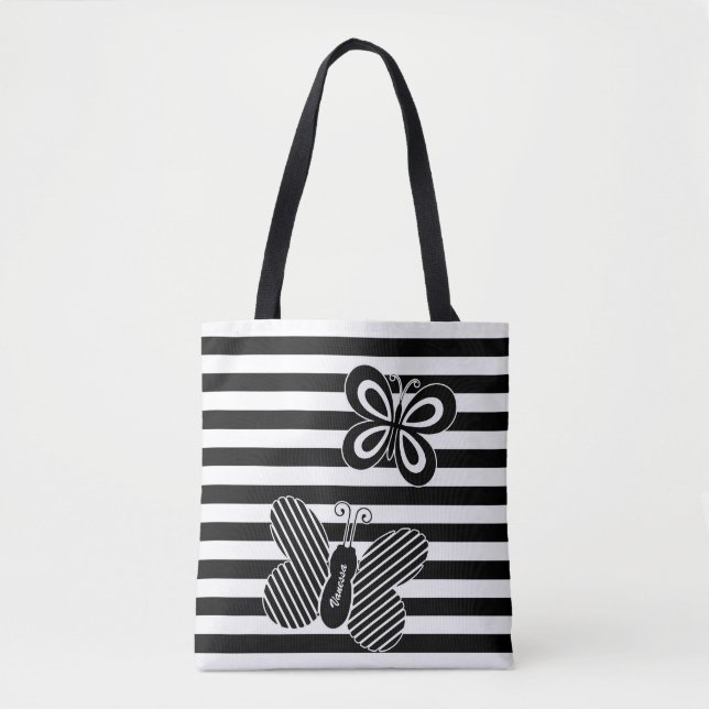 Trendy Black and White Butterfly Stripes With Name Tote Bag (Front)