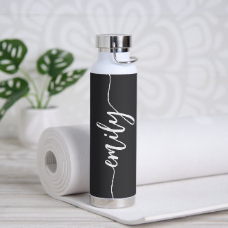 Trendy Black and White Calligraphy Name Water Bottle