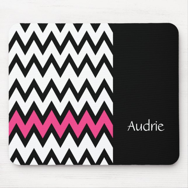 Trendy Black and White Chevron Pink With Name Mouse Pad (Front)