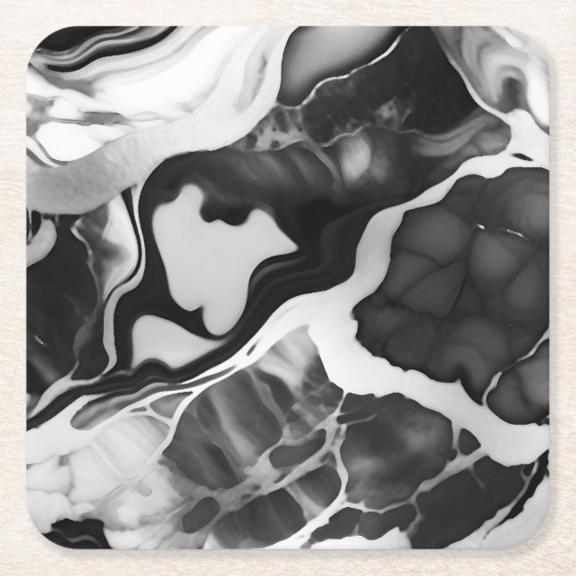 Trendy Black and white faux marble Square Paper Coaster (Front)