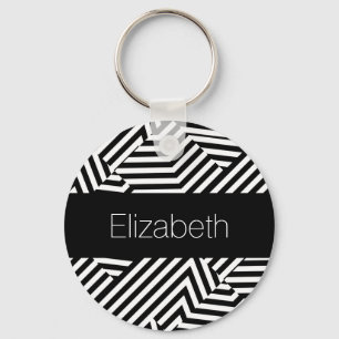 Trendy Black and White Geometric Stripes With Name Keychain