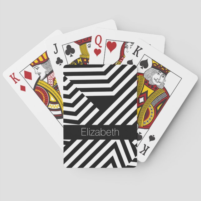 Trendy Black and White Geometric Stripes With Name Playing Cards (Back)