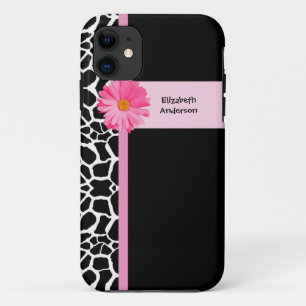 Trendy Black And White Giraffe Pink Daisy and Name iPhone 11 Case
