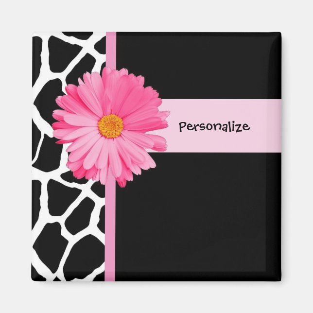 Trendy Black And White Giraffe Pink Daisy and Name Magnet (Front)