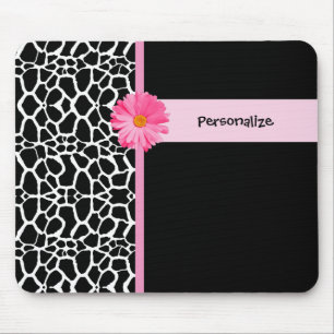 Trendy Black And White Giraffe Pink Daisy and Name Mouse Pad