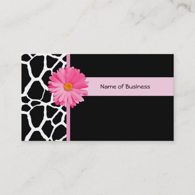 Trendy Black And White Giraffe With Pink Daisy Business Card (Front)