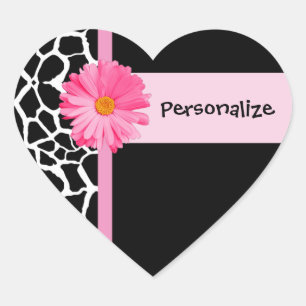 Trendy Black And White Giraffe With Pink Daisy Heart Sticker